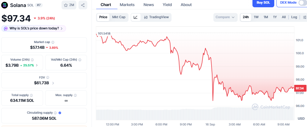 CoinMarketCap Chart showing SOL price and details