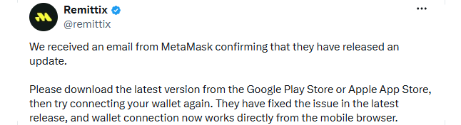 Remittix MetaMask Wallet Connection Issue Resolved Remittix MetaMask Wallet Connection Issue Resolved