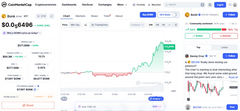 top crypto gainers 24H, BONK top crypto gainers 24H, BONK