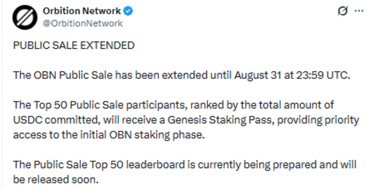 Orbition Network Public Sale Update Official X Post screenshot Orbition Network Public Sale Update Official X Post screenshot