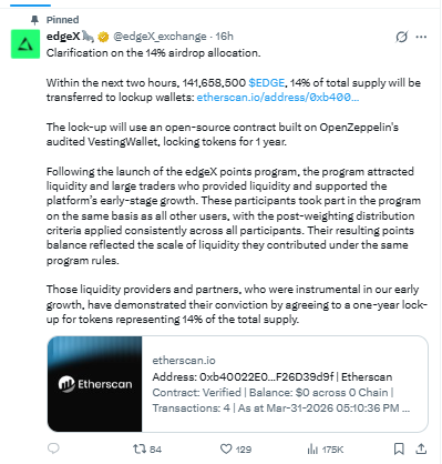 EDGE 14 percent supply lockup announcement details