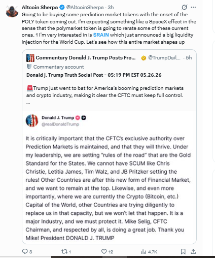 Altcoin Sherpa tweet about RAIN prediction market token