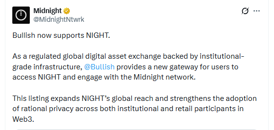 Midnight NIGHT exchange listing on Bullish platform update