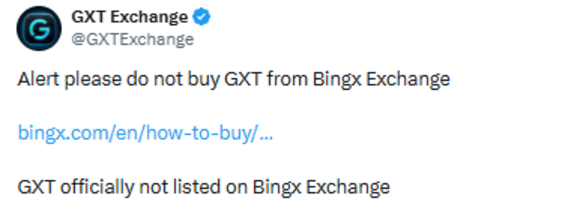 GXT Exchange official X post screenshot showing warning