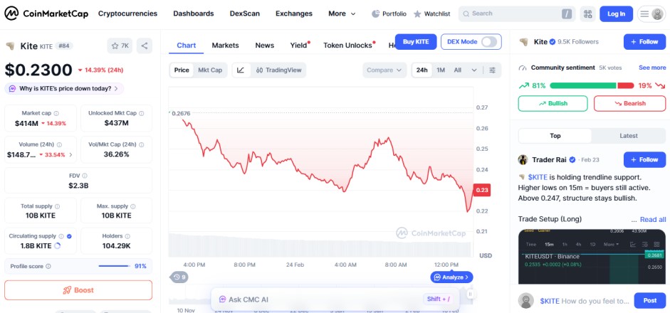 top crypto losers today feb 24, KITE top crypto losers today feb 24, KITE