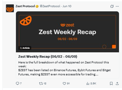 Zest Protocol weekly recap ZEST listed Binance Futures Bybit Bitget Zest Protocol weekly recap ZEST listed Binance Futures Bybit Bitget