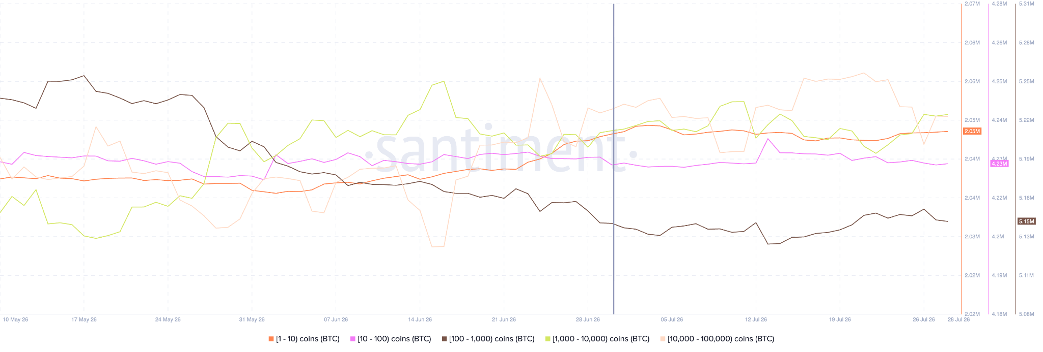 wallets holding between 1 and 100,000 BTC added roughly 20,000 tokens