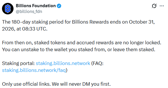 Billions Foundation post on the BILL staking period ending Oct 31 at 08:33 UTC 