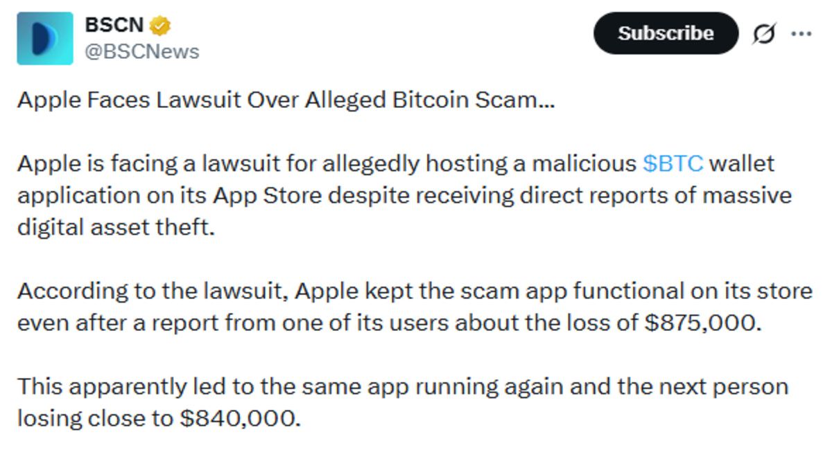 Official X post screenshot of Apple Bitcoin Scam Official X post screenshot of Apple Bitcoin Scam