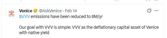 Venice official announcement emission reduced to 6M VVV token Venice official announcement emission reduced to 6M VVV token