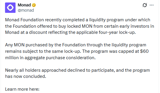 Monad liquidity program MON token buyback 