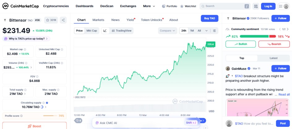 top crypto gainers 24H, TAO top crypto gainers 24H, TAO