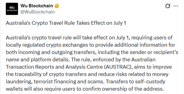 Australia crypto travel rule July 1 2026