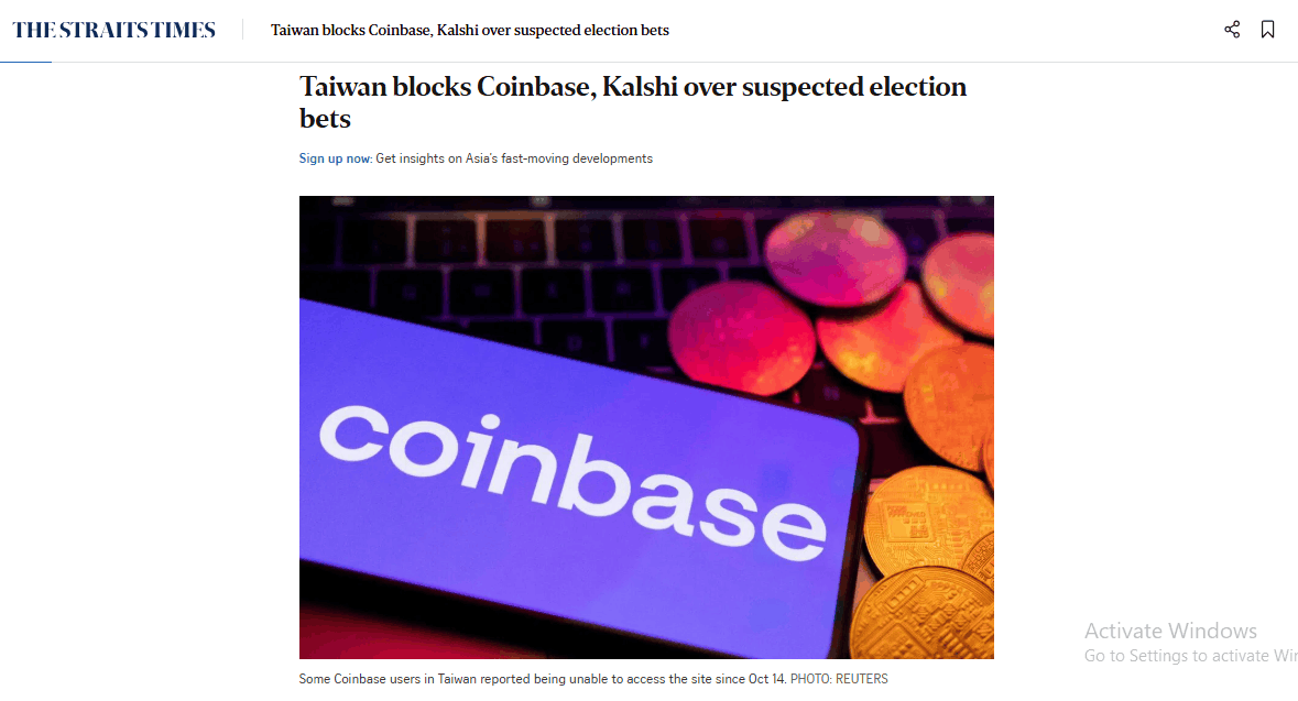 Taiwan blocks Coinbase and Kalshi websites over election betting suspicion