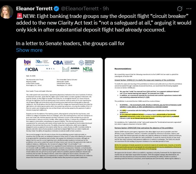 Banking Groups Reject CLARITY Act Deposit "Circuit Breaker" Banking Groups Reject CLARITY Act Deposit "Circuit Breaker"