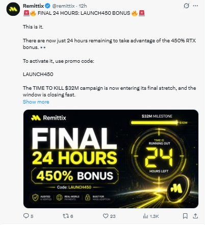 Remittix latest news on X confirms final LAUNCH450 bonus hours