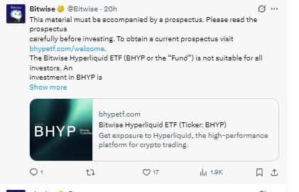 Bitwise Post on x Hyperliquid