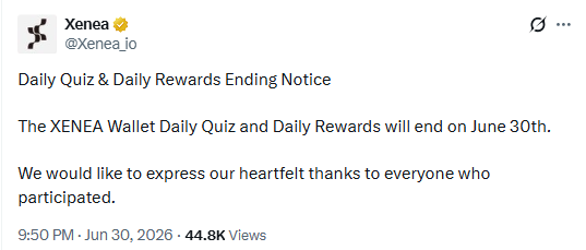 XENEA Wallet Daily Quiz ended