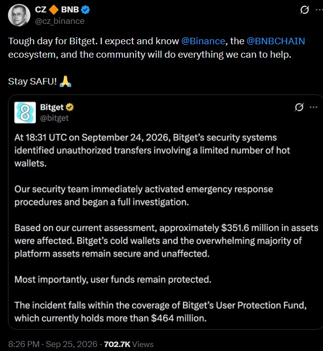 Binance CZ Responds to Bitget Hack