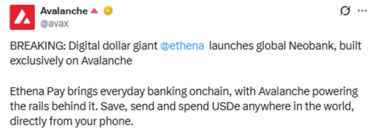 Ethena News avalanche official x post screenshot