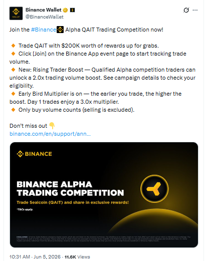 Binance Alpha QAIT trading competition 200K rewards