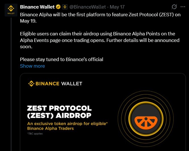 Zest Protocol Listing on Binance