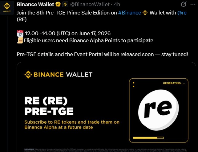 Re Token Pre-TGE on Binance Opens With 10M Token Allocation
