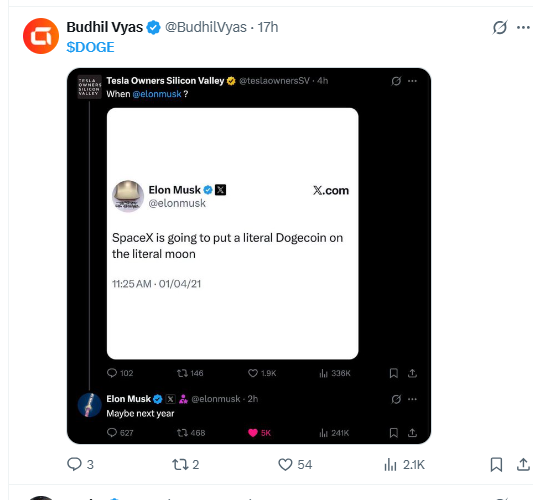 Dogecoin Price Prediction after Elon Musk DOGE-1 reply shared by Budhil Vyas