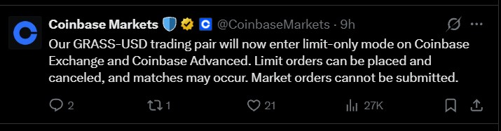 Grass USD Pair Enters Full-Trading Mode Grass USD Pair Enters Full-Trading Mode