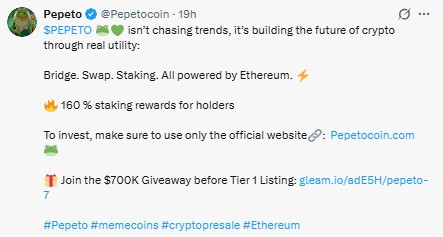 $PEPETO builds real utility through a bridge, swap, and staking on Ethereum.