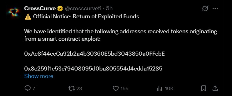 Crosscurve response to hack Crosscurve response to hack