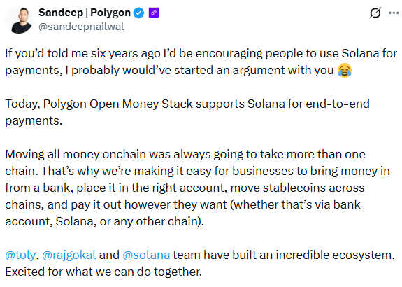 Polygon News: Open Money Stack adds Solana support, X post screenshot 