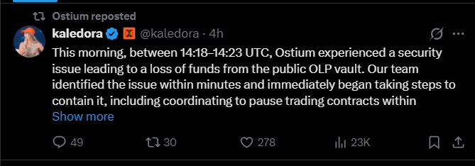 Ostium founder Kaledora confirmed the breach Ostium founder Kaledora confirmed the breach