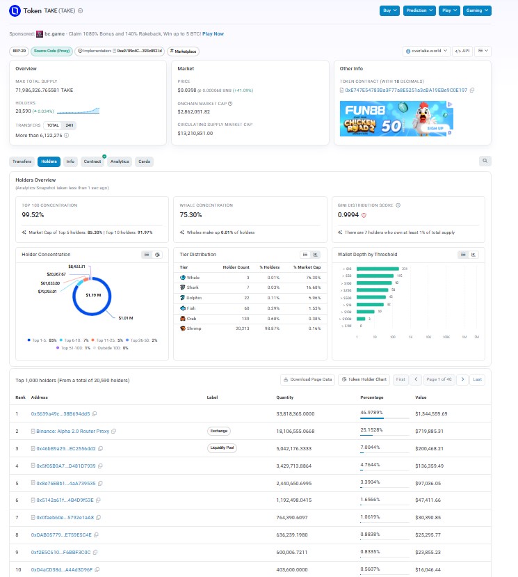 TAKE Tokenomics And Whale Concentration TAKE Tokenomics And Whale Concentration