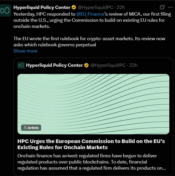 Hyperliquid Pushes for MiFID II Rules for On-Chain Perpetual Futures Hyperliquid Pushes for MiFID II Rules for On-Chain Perpetual Futures