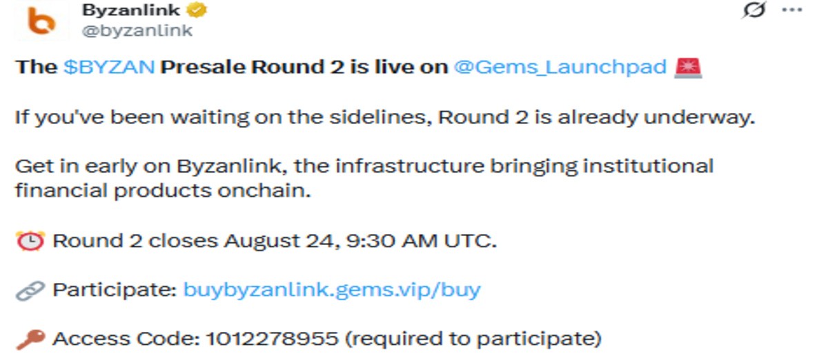 Official Byzanlink X post showing presale round 2 update Official Byzanlink X post showing presale round 2 update