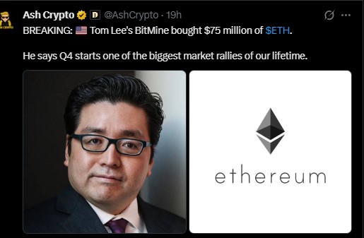 Tom Lee firm BitMine reportedly bought $75 million worth of ETH