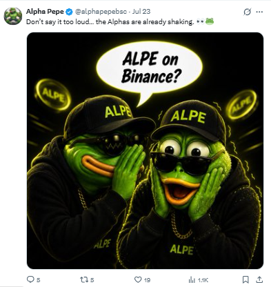 Alpha Pepe official X post teasing possible Binance listing, July 2026