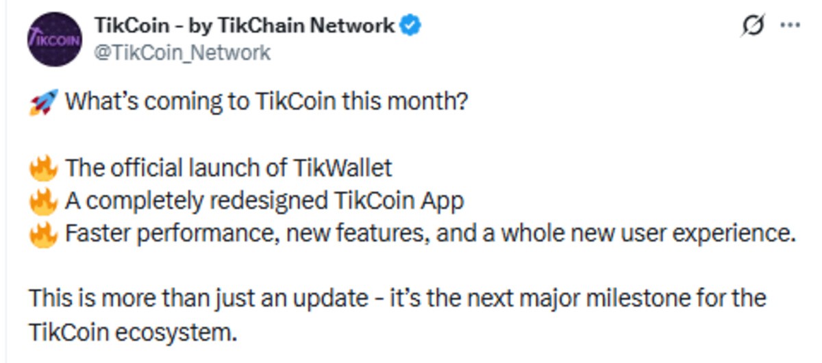 Tikcoin Network official X post showing august update