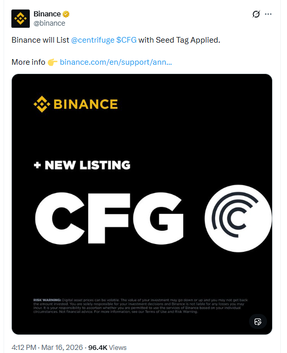 Centrifuge Binance listing announcement showing CFG trading pairs and market launch details