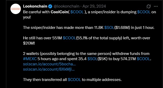 Lookonchain Coolcoin price warning