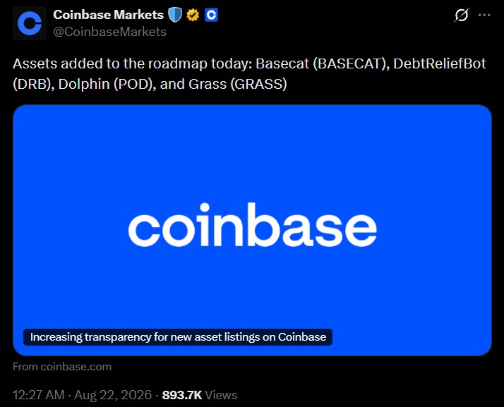 Coinbase Listing roadmap adds 4 news tokens