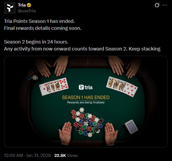 Latest Tria Airdrop Update: Season 2 in a Few Hours