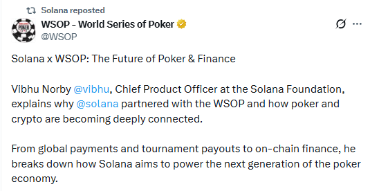WSOP and Solana X post on partnership WSOP and Solana X post on partnership