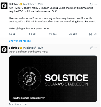Solstice SLX vesting TVL warning grace period 2026 Solstice SLX vesting TVL warning grace period 2026