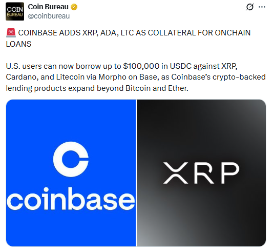 Coinbase adds XRP,ADA,LTC as collateral for onchain loans