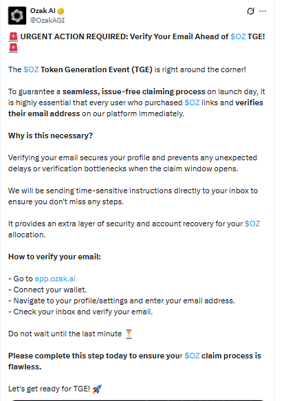 Ozak AI tweet about email verification