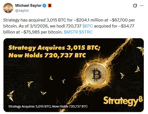 STrtegy acquires 3,015 BTC 