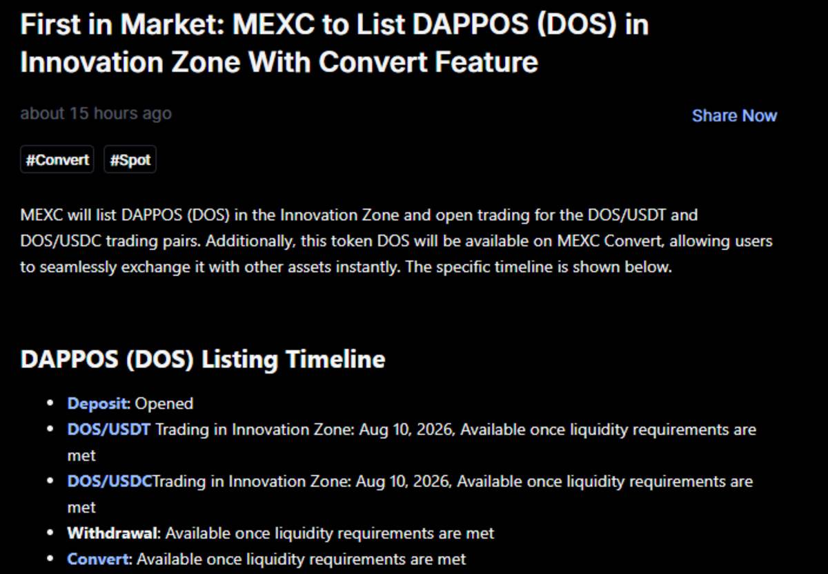 Official MEXC announcement screenshot of Dappos listing Official MEXC announcement screenshot of Dappos listing