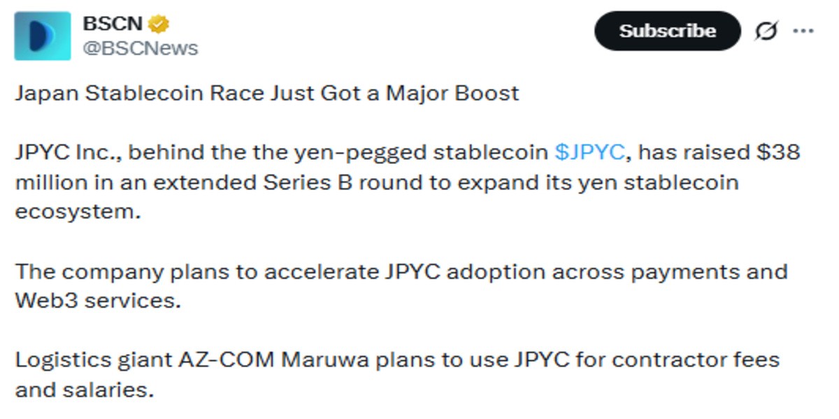 Official X post showing JPYC update Official X post showing JPYC update